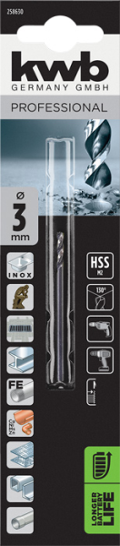 Сверло HI-NOX HSS M2 для металла 3 мм, в блистере kwb by Einhell (258630)