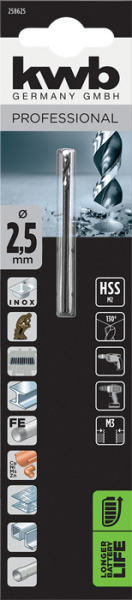 Сверло HI-NOX HSS M2 для металла 2,5 мм, в блистере kwb by Einhell (258625)